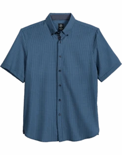 Michael Strahan Modern Fit Short Sleeve Sport Shirt, Navy Check 3-D Check