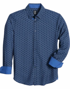 Michael Strahan Modern Fit Spread Collar 4-Way Stretch Sport Shirt, Navy Hexagon