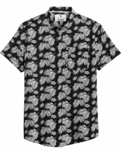 Report Collection Modern Fit Four-Way Stretch Short Sleeve Sport Shirt, Black Palm Leaf
