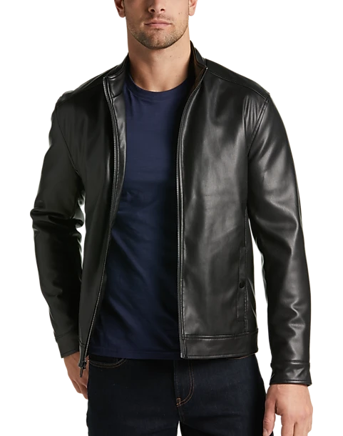 Michael Strahan Modern Fit Bomber Jacket, Black Faux Lambskin 3 Michael Strahan Modern Fit Bomber Jacket, Black Faux Lambskin